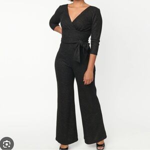 Unique Vintage Size 1X Black Knit Puffy Full Sleeve Wide Flare Leg Jumpsuit